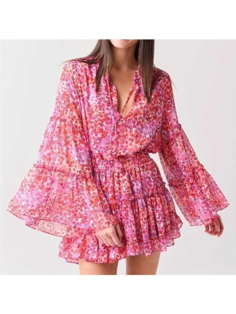 Misa Floral Bell Sleeve Mini Dress XS With Tiered Ruffle Hem pink red (W851)